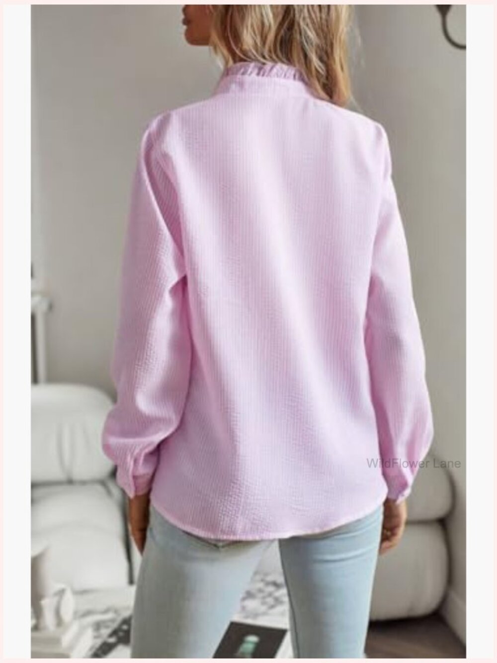 Ruffle Trim Button Up Long Sleeve Blouse Top Stand Collar Work Shirt - Picture 6 of 6